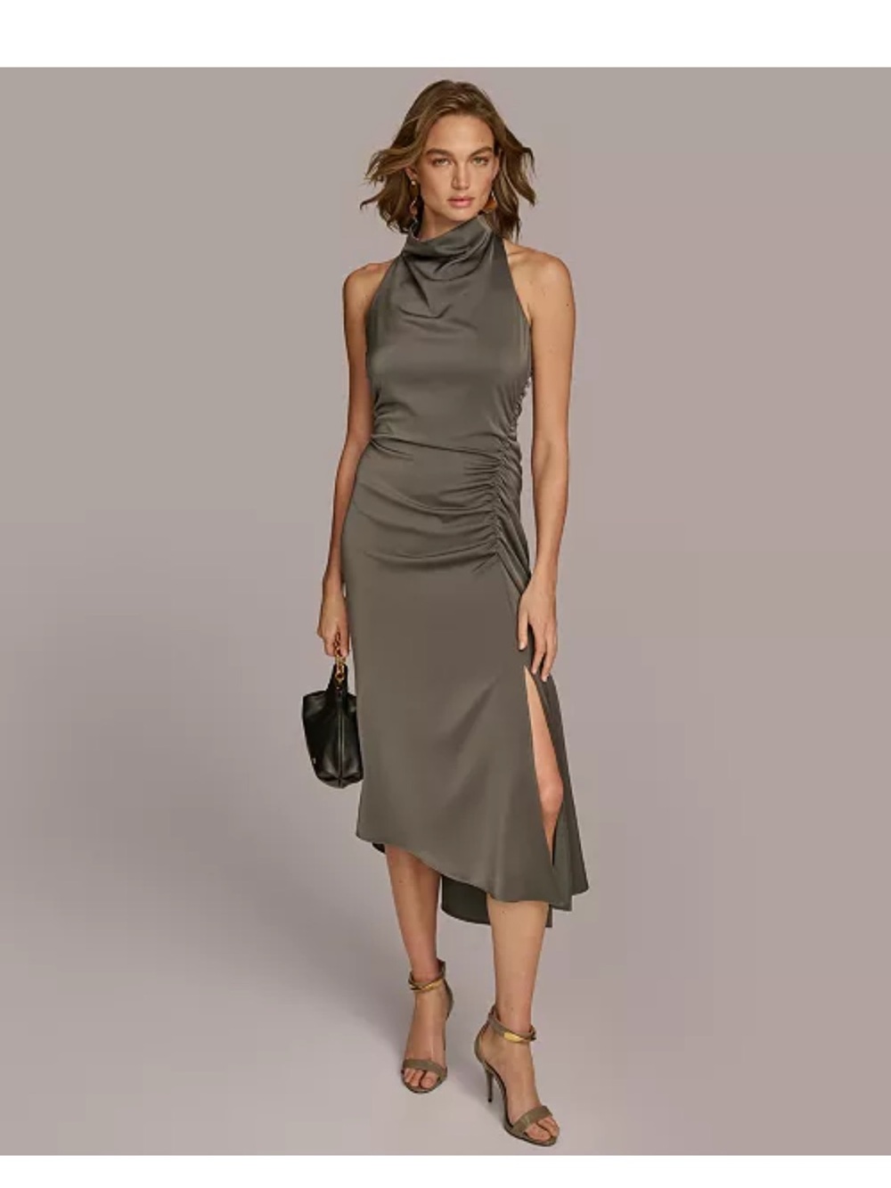 Donna Karen Mock Neck Side Ruched Detail - Gray